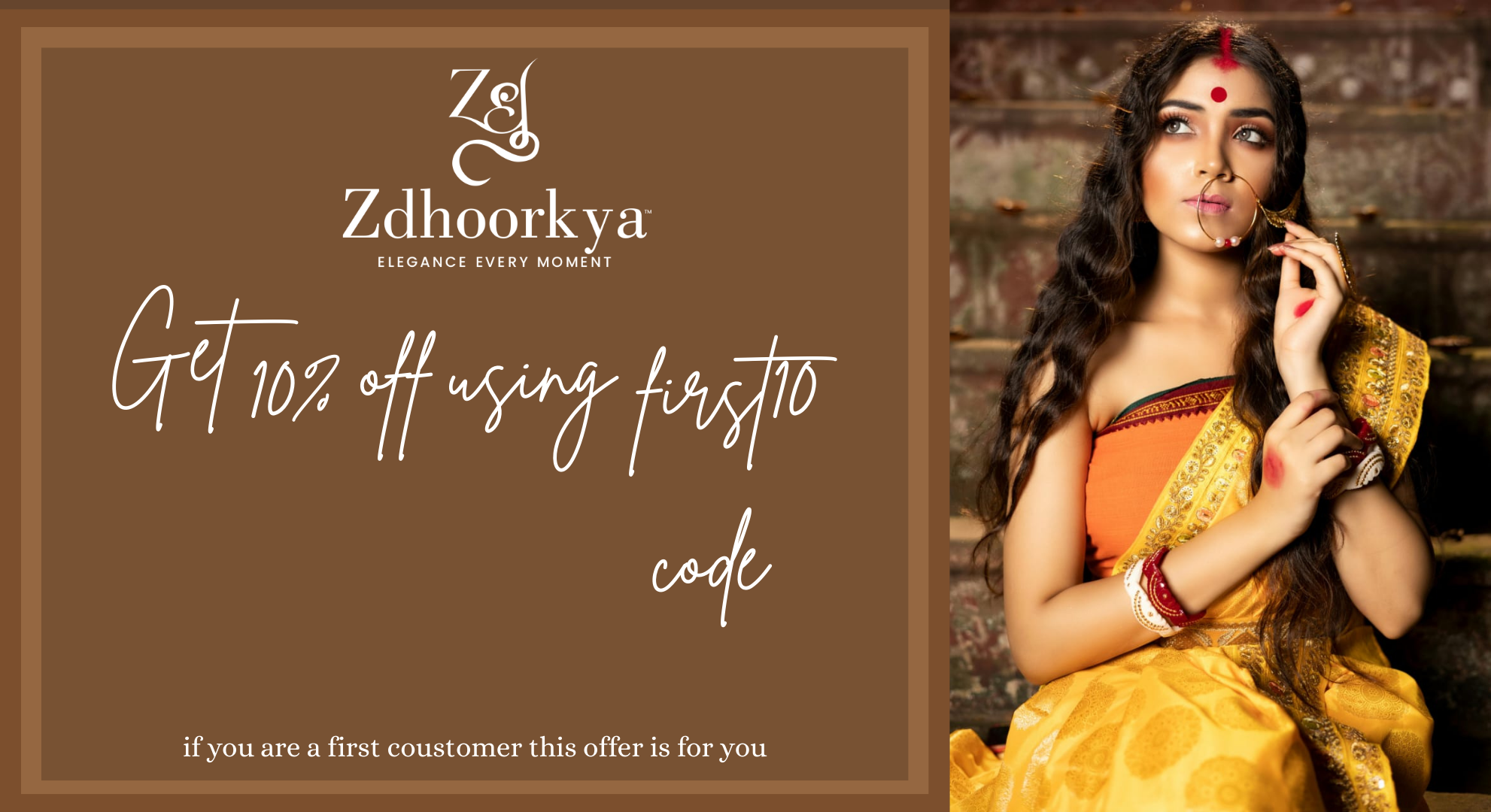 Woman in traditional attire with Zdhoorkya branding and promotional text on a brown background