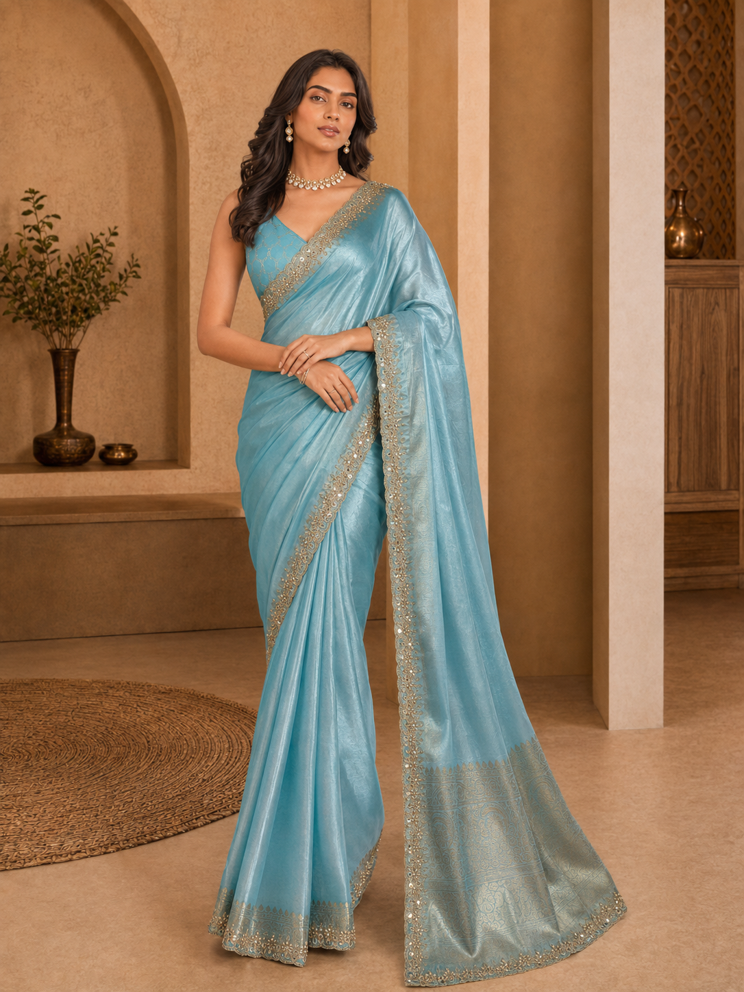 Neel Kamala Golden Tissue Saree