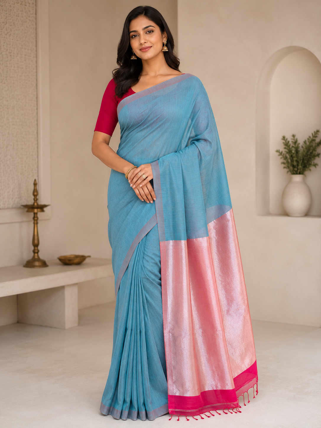 Neel Gulabi / Sky Blue with Pink Pallu Khadi Cotton Tissue Weaving saree with Tissue Weaving, Thin Border, Plain Weave, Tassel Pallu by ZDHOORKYA