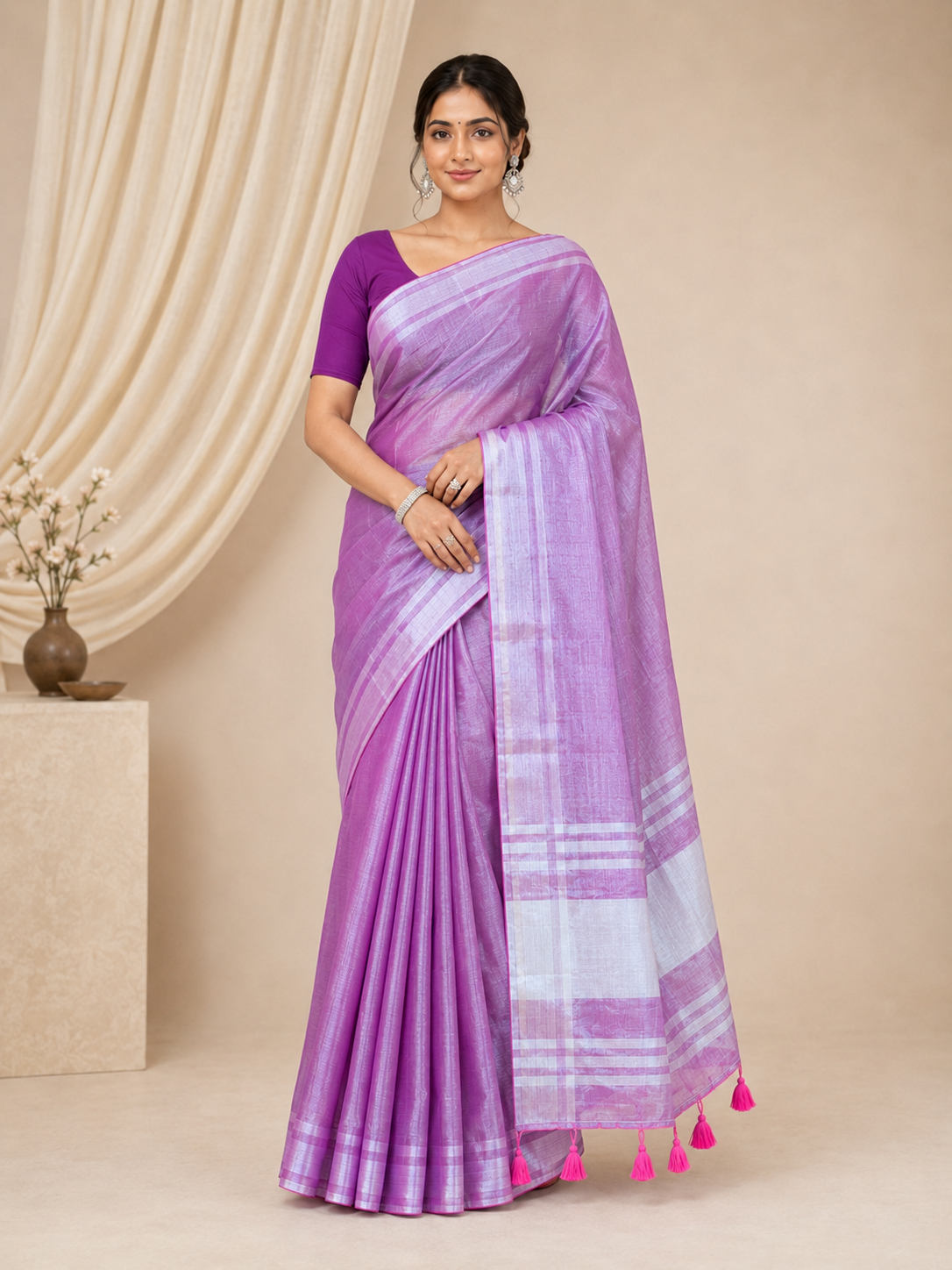 Jamuni Saumya / Lavender Purple with Silver Accent Tissue Silk saree with Tissue Weaving, Thin Border, Tassel Pallu by ZDHOORKYA