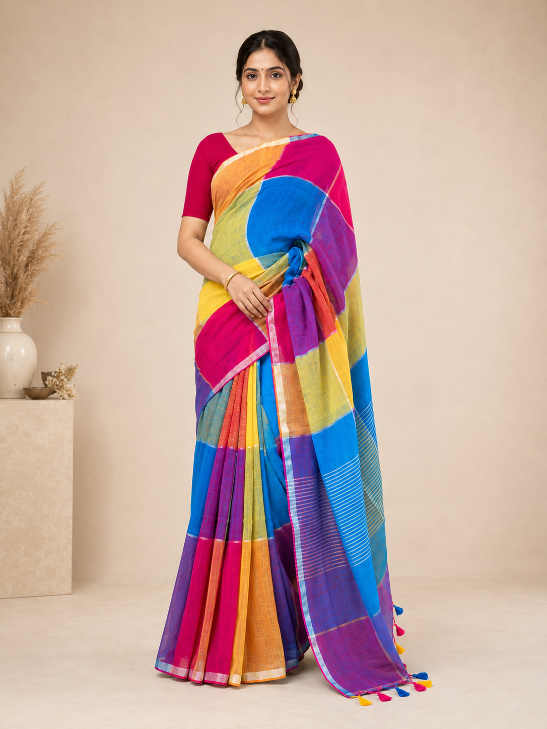 Rangrekha Multi / Multicolour Checks Linen saree with Colour Block Checks, Thin Border, Tassel Pallu by ZDHOORKYA