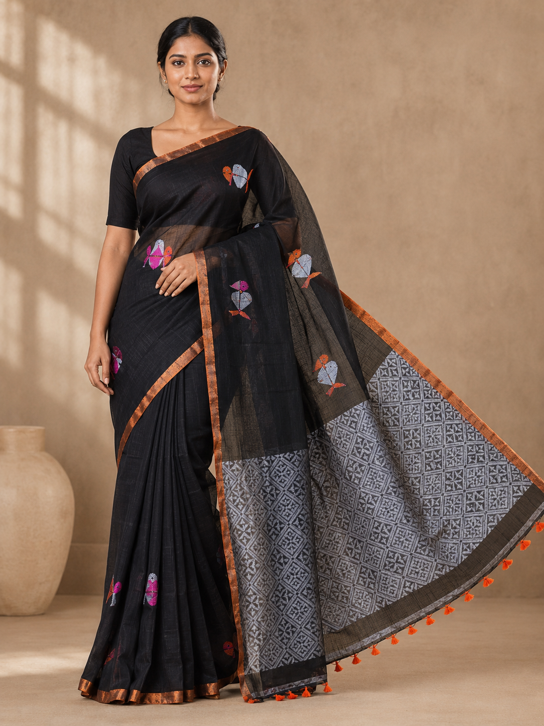 Krishna Black / Black with Copper Border Linen Jamdani saree with Jamdani Weaving, Bird Motif, Copper Border, Patterned Pallu, Tassel Pallu by ZDHOORKYA