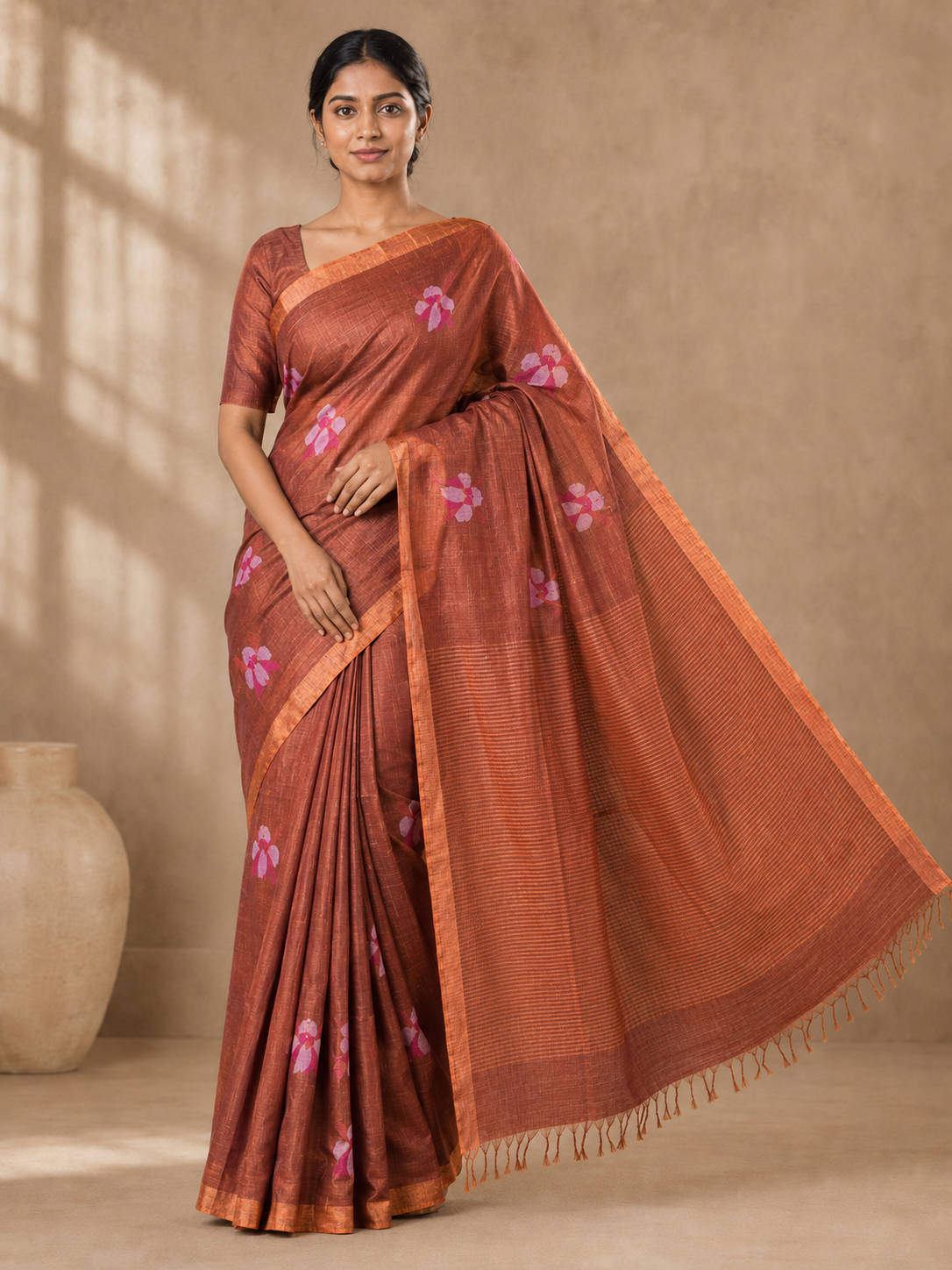 Tamra Brown / Copper Brown with Pink Floral Motifs Linen saree with Jamdani Weaving, Floral Motif, Thin Border, Tassel Pallu by ZDHOORKYA