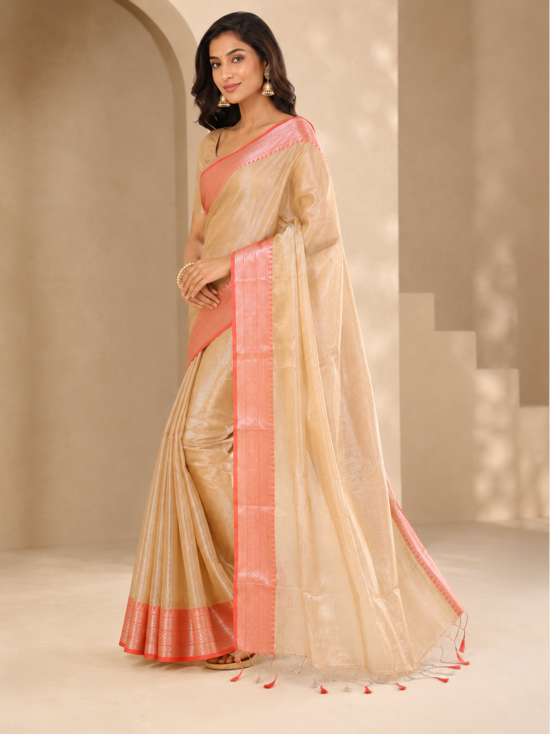 Chandan Gulabi Tissue Jamdani Saree