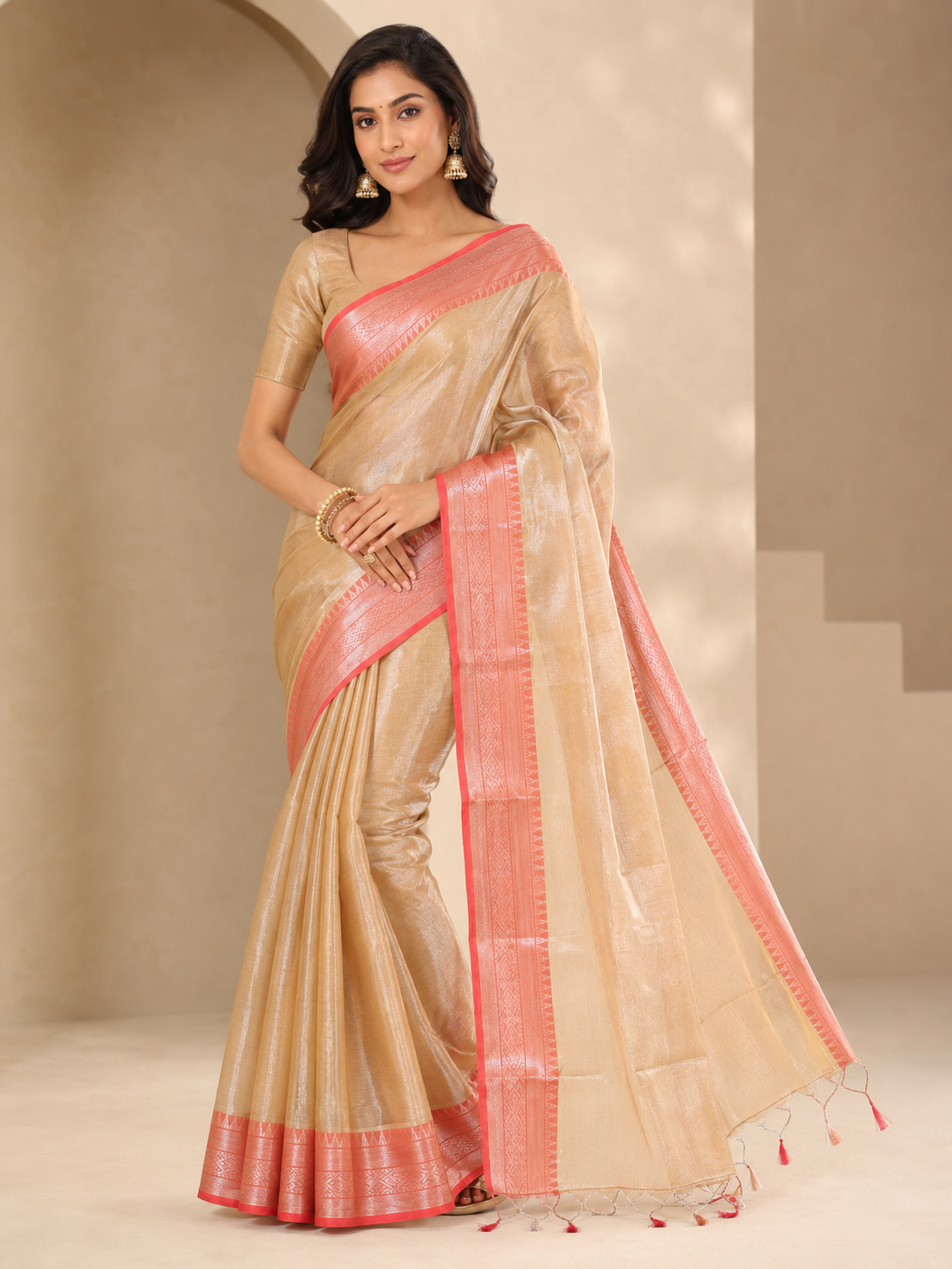 Chandan Gulabi Tissue Jamdani Saree