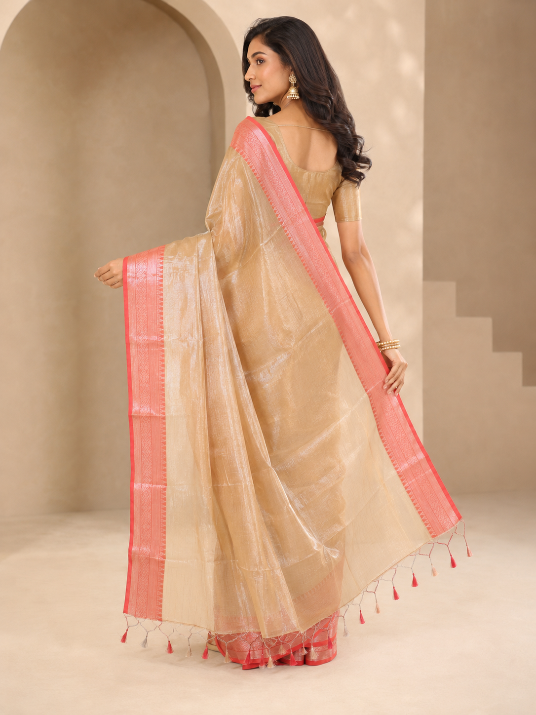 Chandan Gulabi Tissue Jamdani Saree