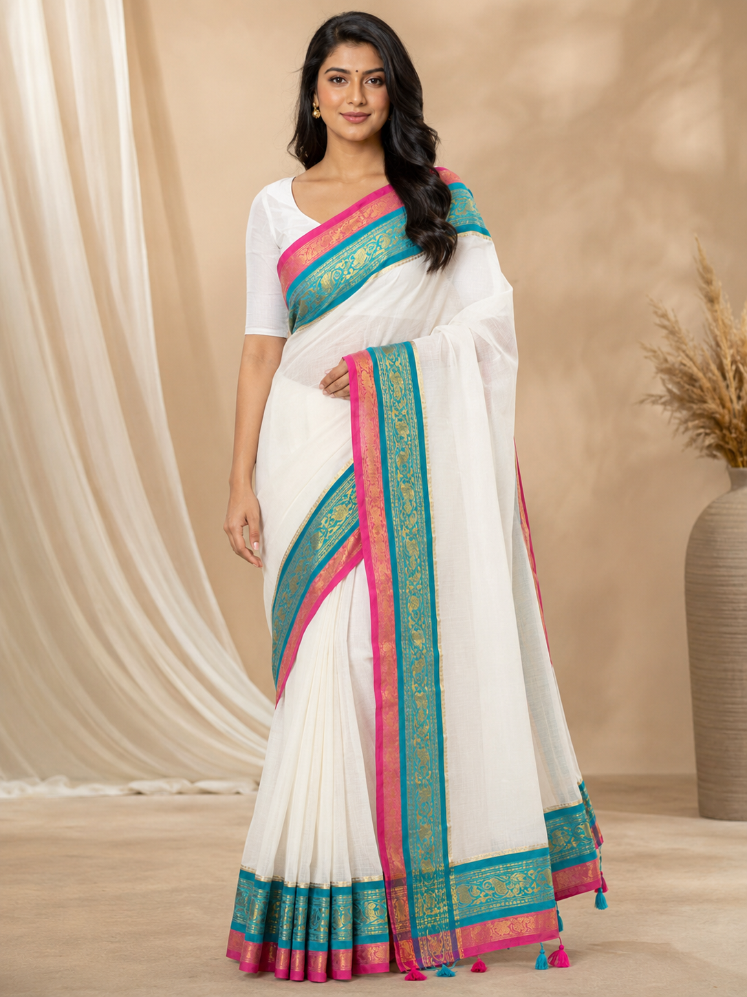 Ivory White with Teal Blue and Rani Pink Border 120 Count Pure Mul Cotton saree with Handwoven Border, Mango Motif, Striped Body, Tassel Pallu by ZDHOORKYA