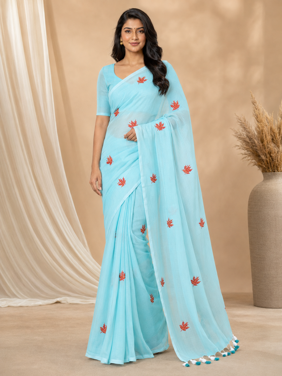 Aqua Blue with Red Motifs Mul Cotton 120 Count saree with Woven Motifs, Hand-Finished Tassels by ZDHOORKYA