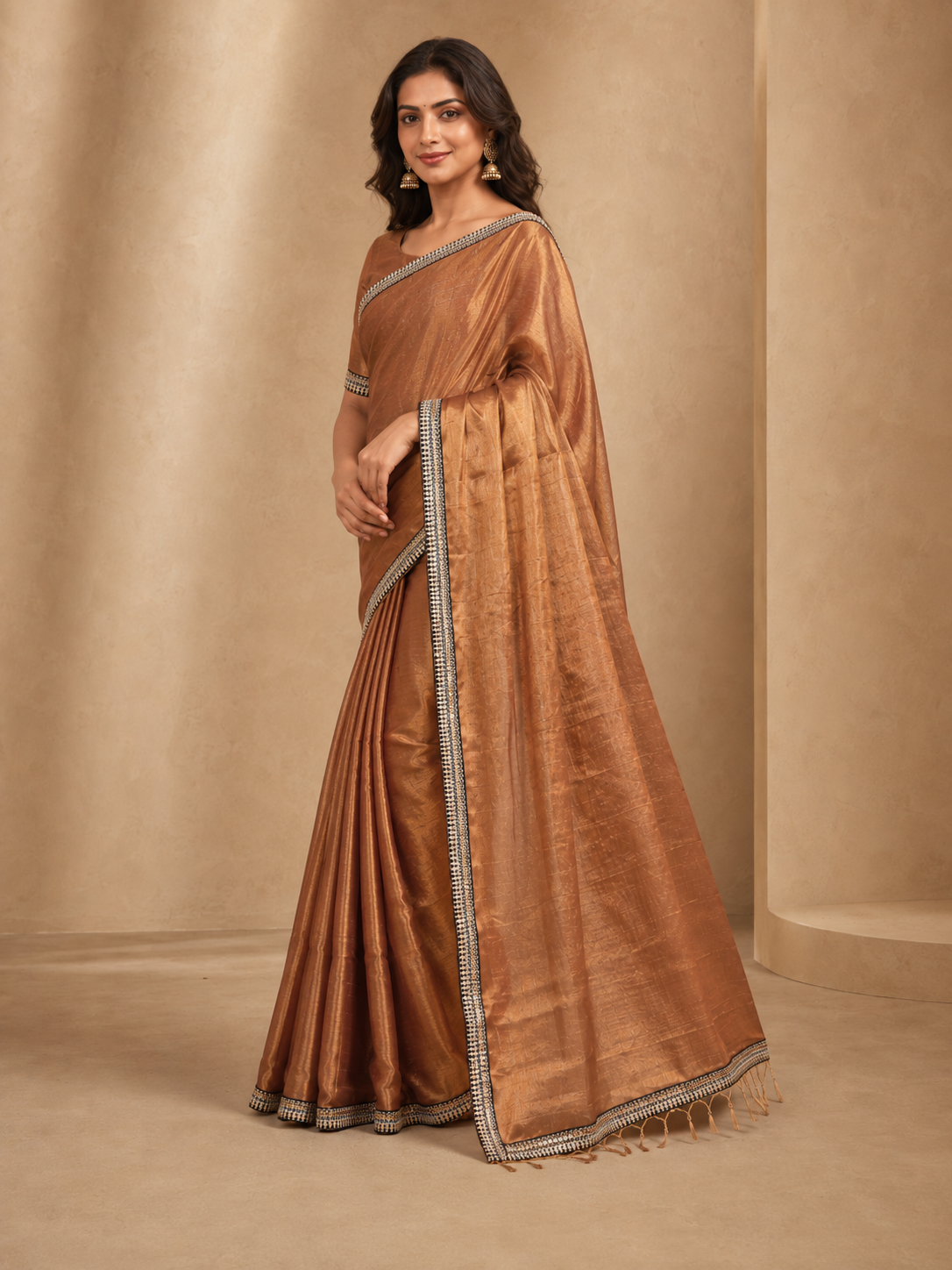 Copper Brown Premium 120s Mul Cotton saree with Leaf Embroidery Work by ZDHOORKYA