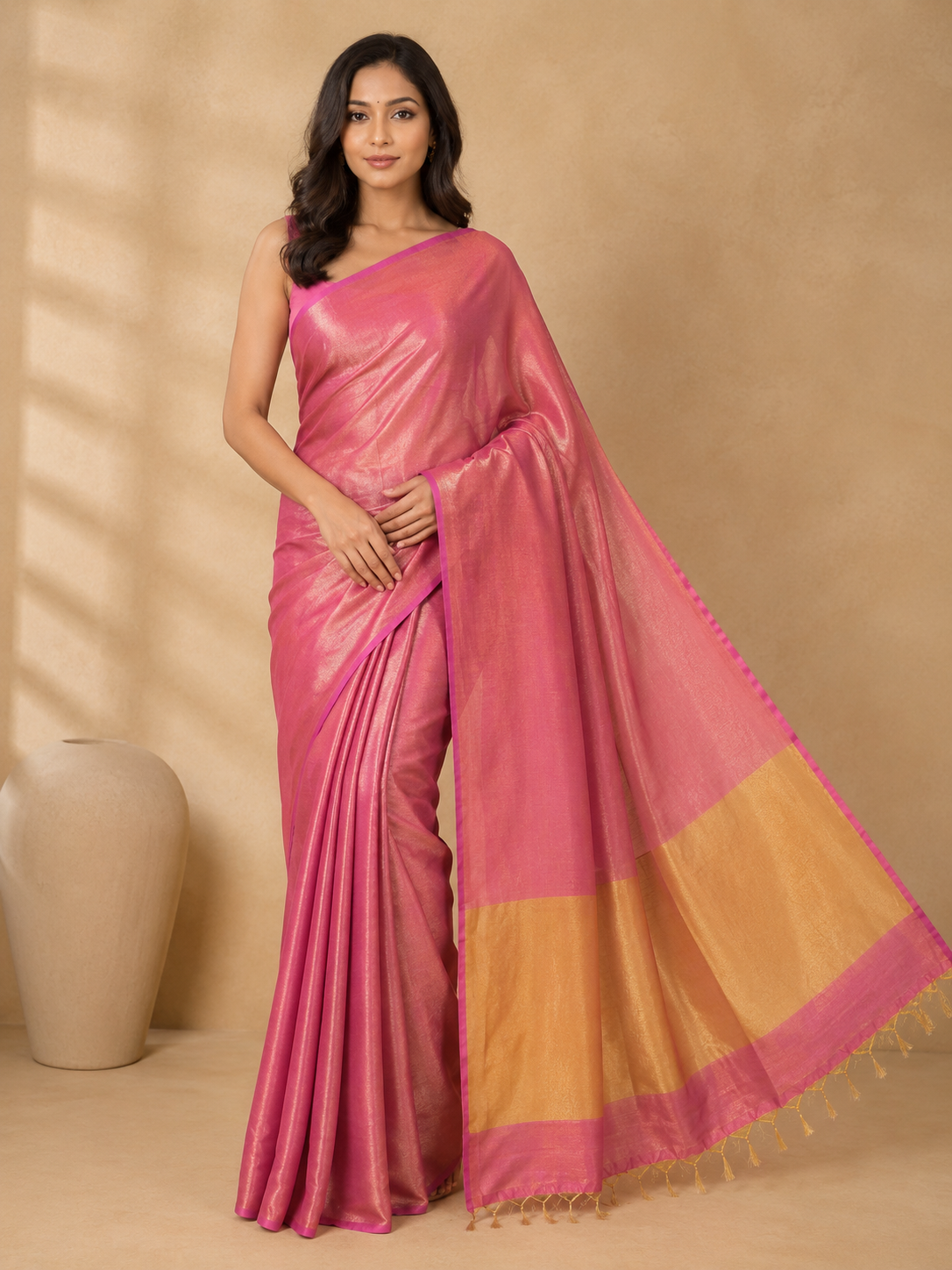 Rose Pink with Golden Pallu Organic Tissue Silk saree with Weaving by ZDHOORKYA
