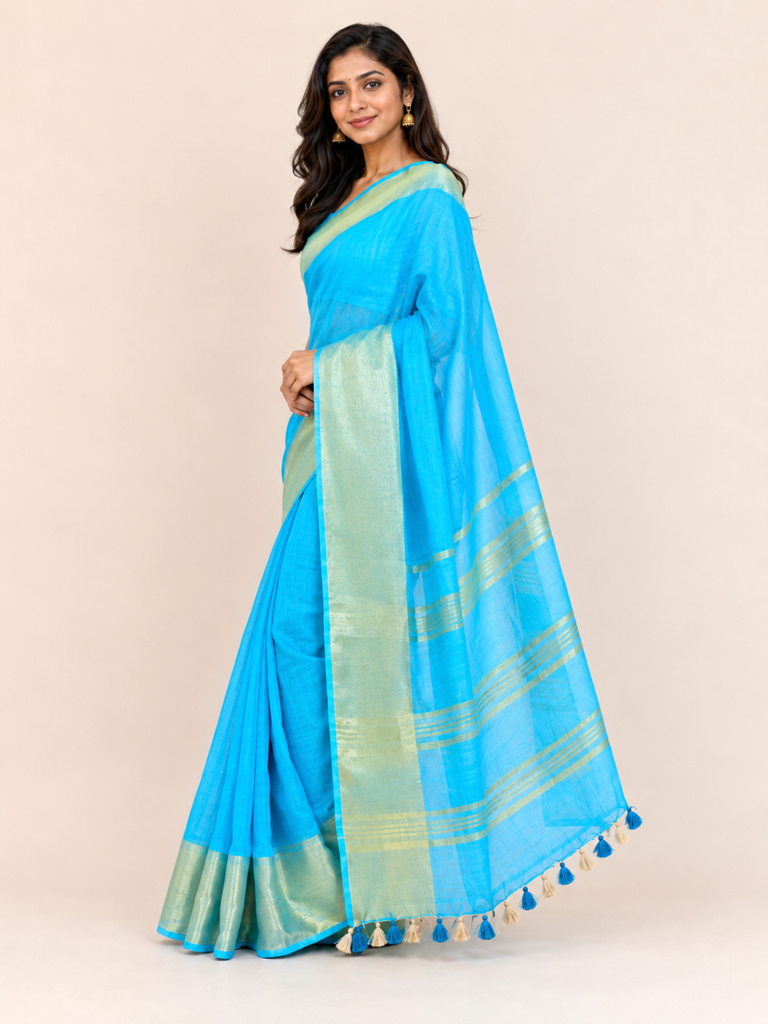 Sky Blue with Soft Gold Border Tissue Silk saree with Weaving by ZDHOORKYA