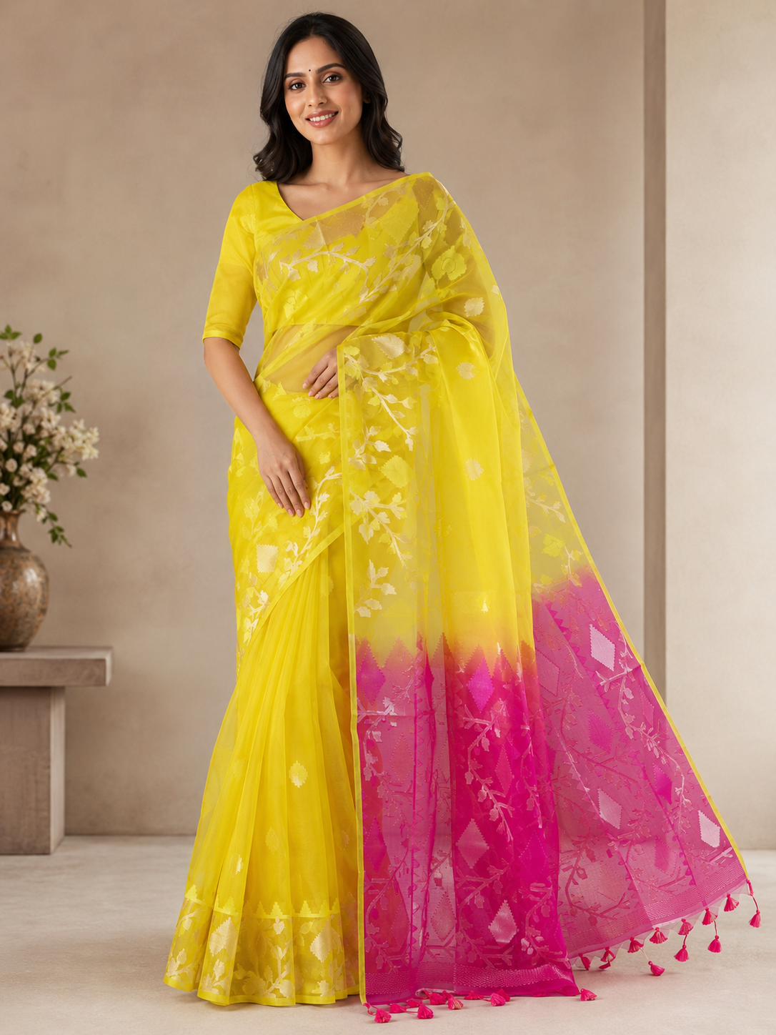 Bright Yellow with Rani Pink Pallu Linen saree with Plain with Floral Weaving by ZDHOORKYA