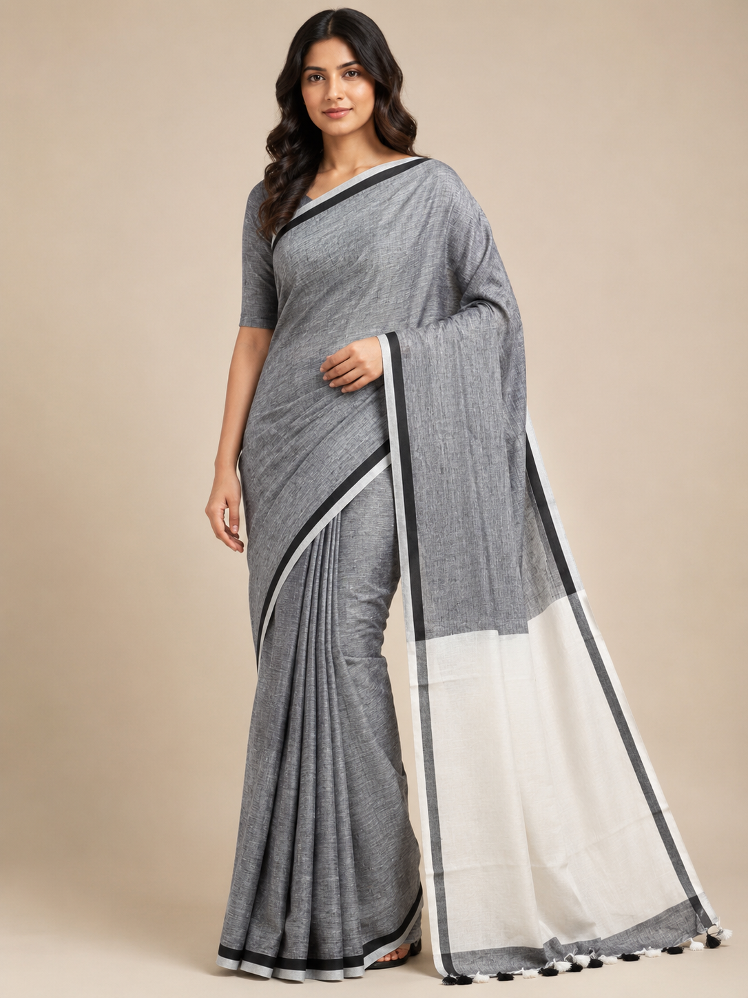 Grey with White Pallu Muslin Jamdani saree with Jamdani Weave by ZDHOORKYA