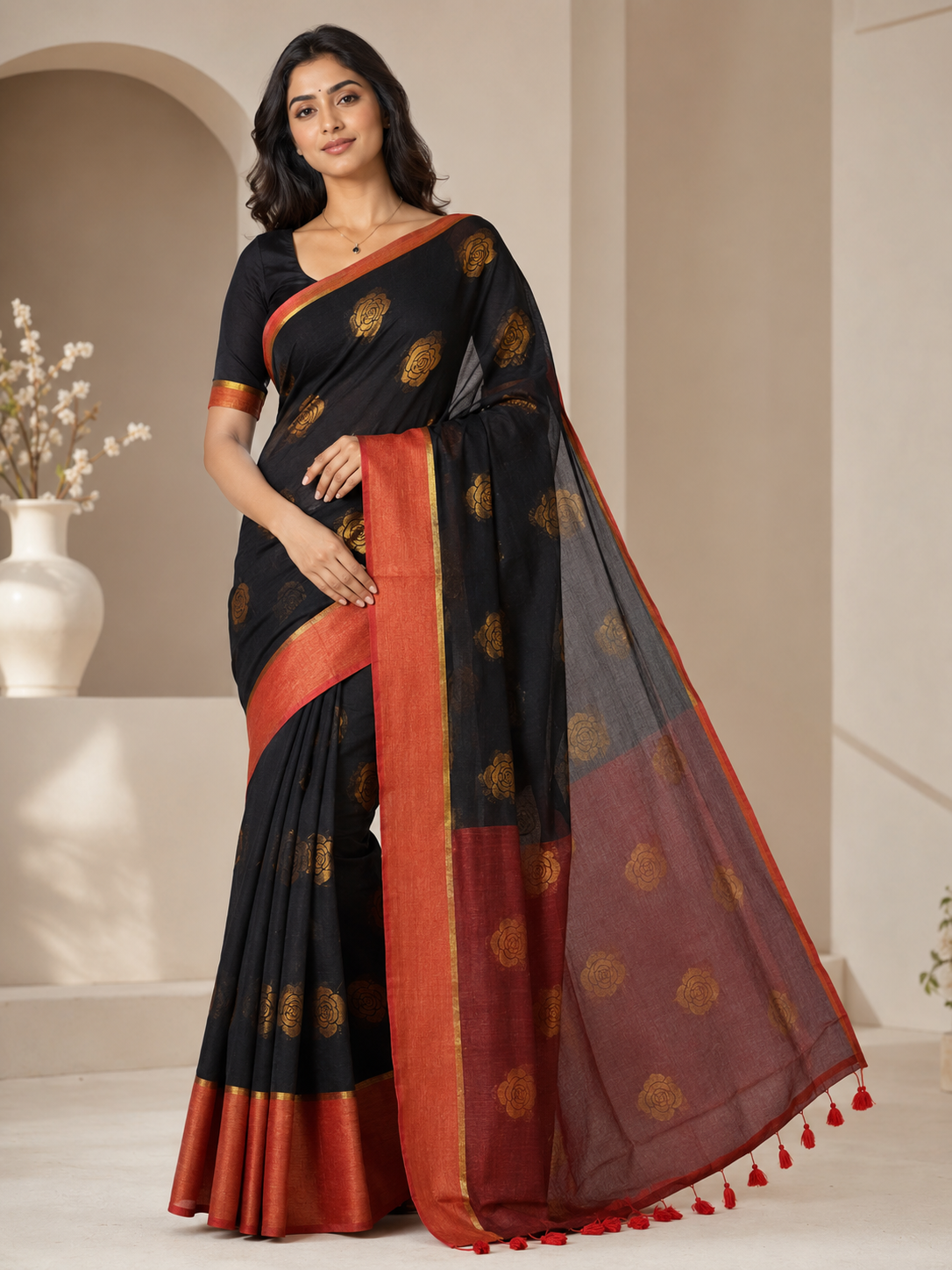 Black with Rust Red Border Pure Linen saree with Weaving / Woven Design by ZDHOORKYA