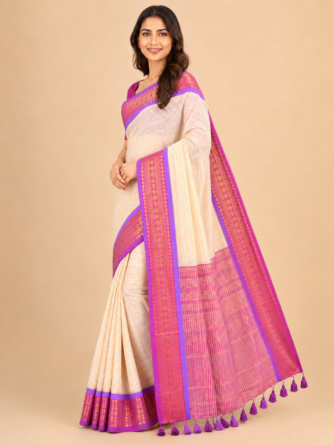 Cream, Magenta, Purple 120 Count Pure Mul Cotton saree with Striped Weaving, Handwoven Border, Mango Motif by ZDHOORKYA
