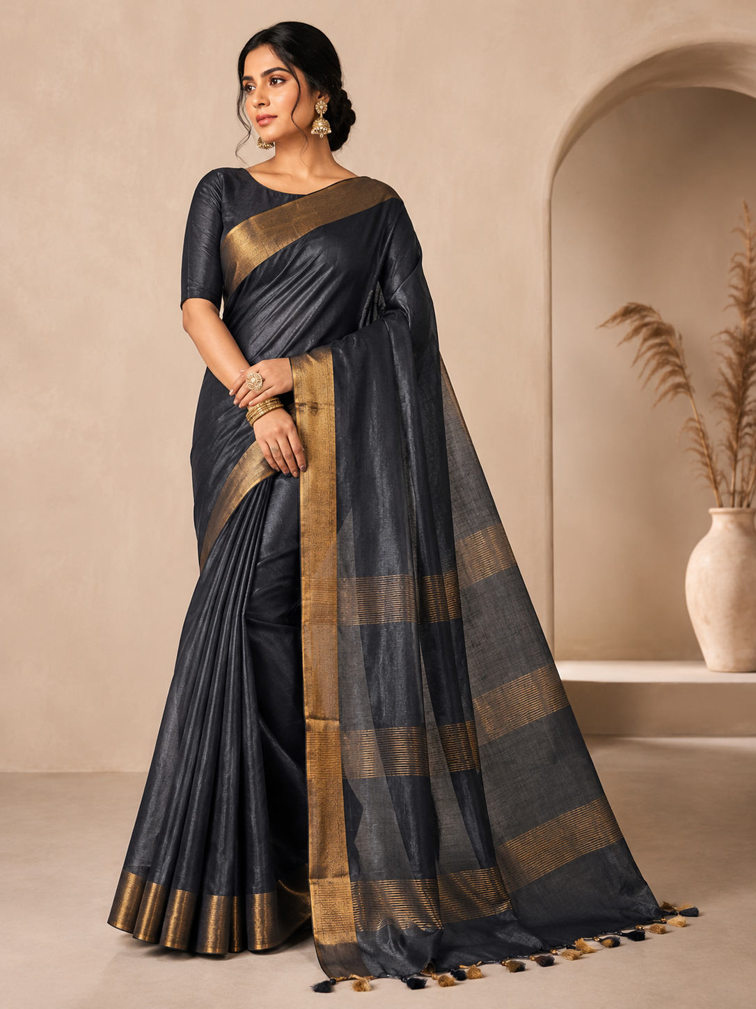 Krishna Sona / Black with Antique Gold Border Pure Silk saree with Plain Weaving, Gold Border, Tassel Pallu by ZDHOORKYA