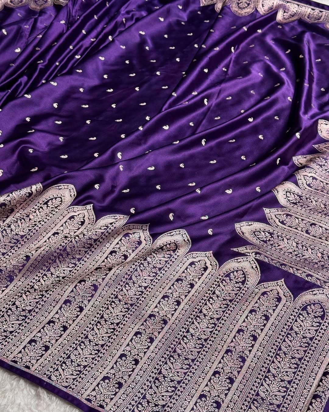 Royal Purple with Silver Zari Banarasi Mashru Katan Silk saree with Handloom Banarasi Zari Weaving by ZDHOORKYA